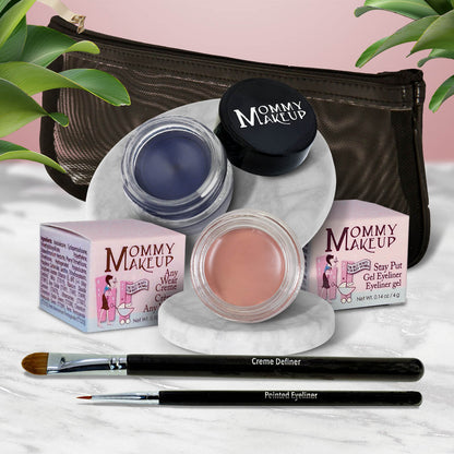 Waterproof eye makeup set with blue cream pot, pink base pot, and eyeliner brush.