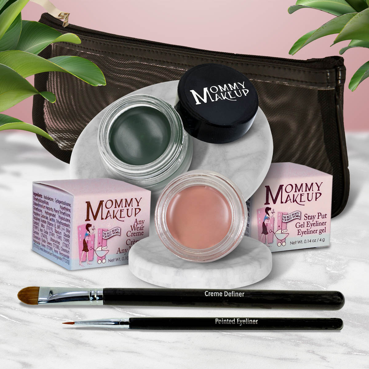 Waterproof eye makeup set with green cream pot, pink base pot, and eyeliner brush.