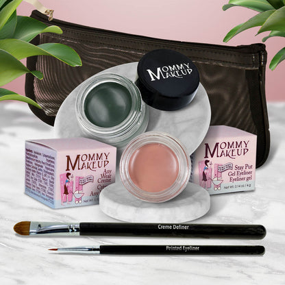 Waterproof eye makeup set with green cream pot, pink base pot, and eyeliner brush.