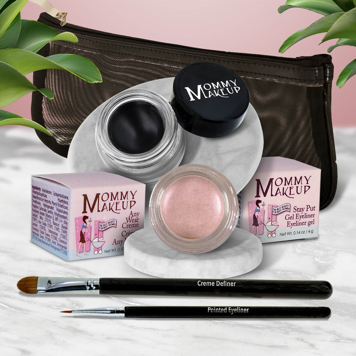 Waterproof eye makeup set with black cream pot, pink shimmer pot, and eyeliner brush.
