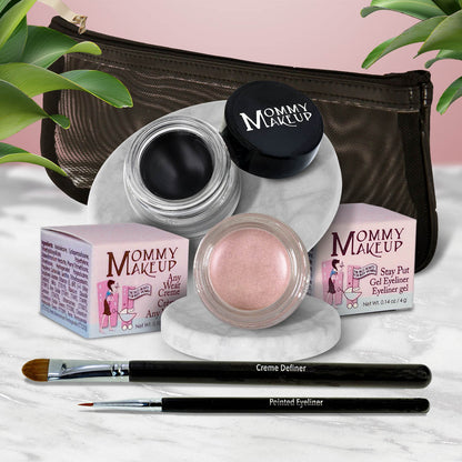 Waterproof eye makeup set with black cream pot, pink shimmer pot, and eyeliner brush.
