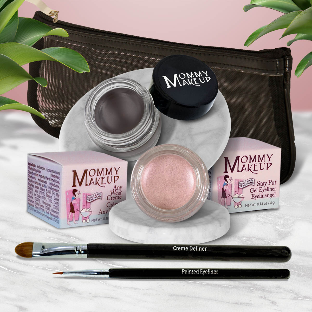 Waterproof eye makeup set with silver-grey cream pot, pink shimmer pot, and eyeliner brush.