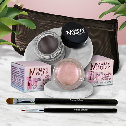 Waterproof eye makeup set with silver-grey cream pot, pink shimmer pot, and eyeliner brush.