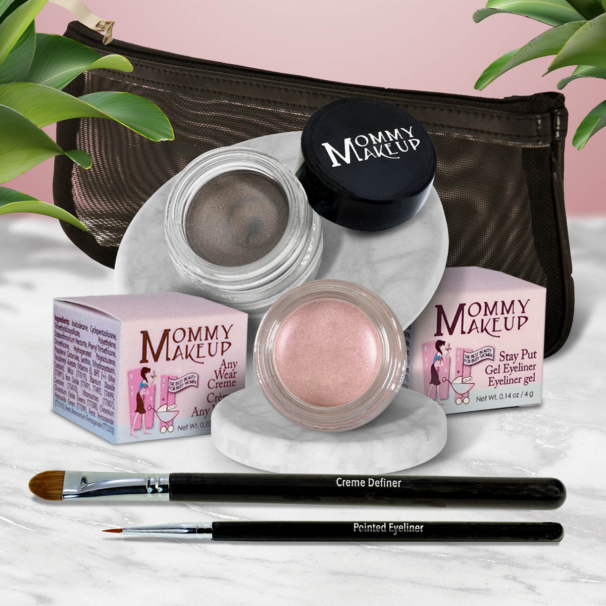 Waterproof eye makeup set with dark grey cream pot, pink shimmer pot, and eyeliner brush.
