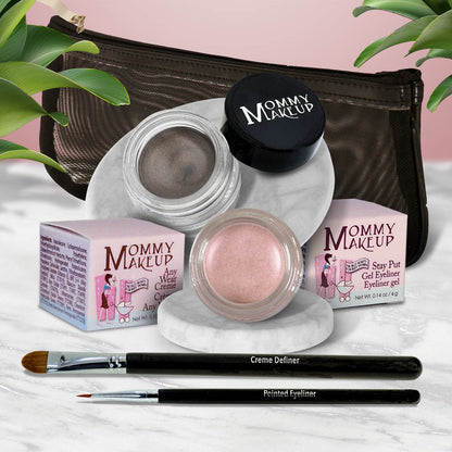 Waterproof eye makeup set with dark grey cream pot, pink shimmer pot, and eyeliner brush.