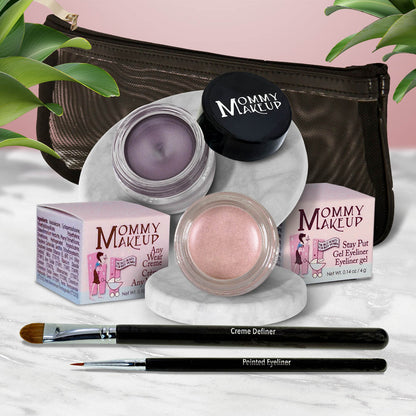 Waterproof eye makeup set with lavender cream pot, pink shimmer pot, and eyeliner brush.