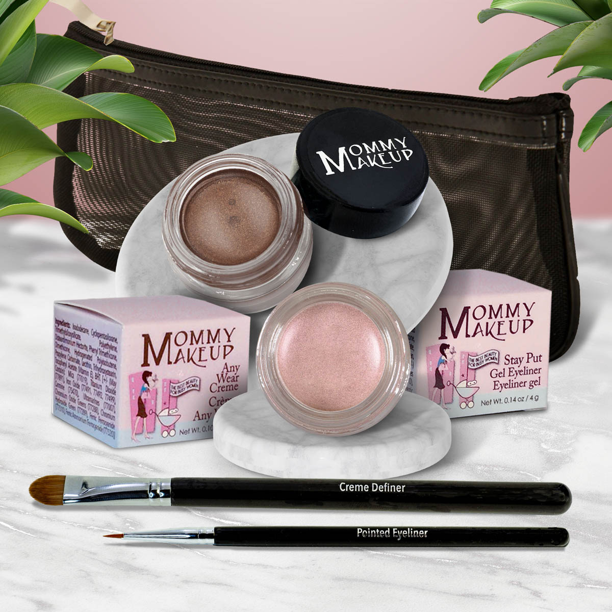 Waterproof eye makeup set with taupe-brown cream pot, pink shimmer pot, and eyeliner brush.