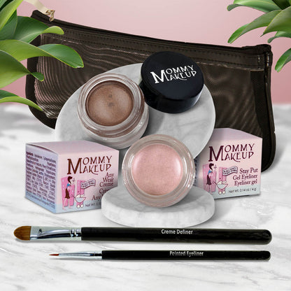 Waterproof eye makeup set with taupe-brown cream pot, pink shimmer pot, and eyeliner brush.