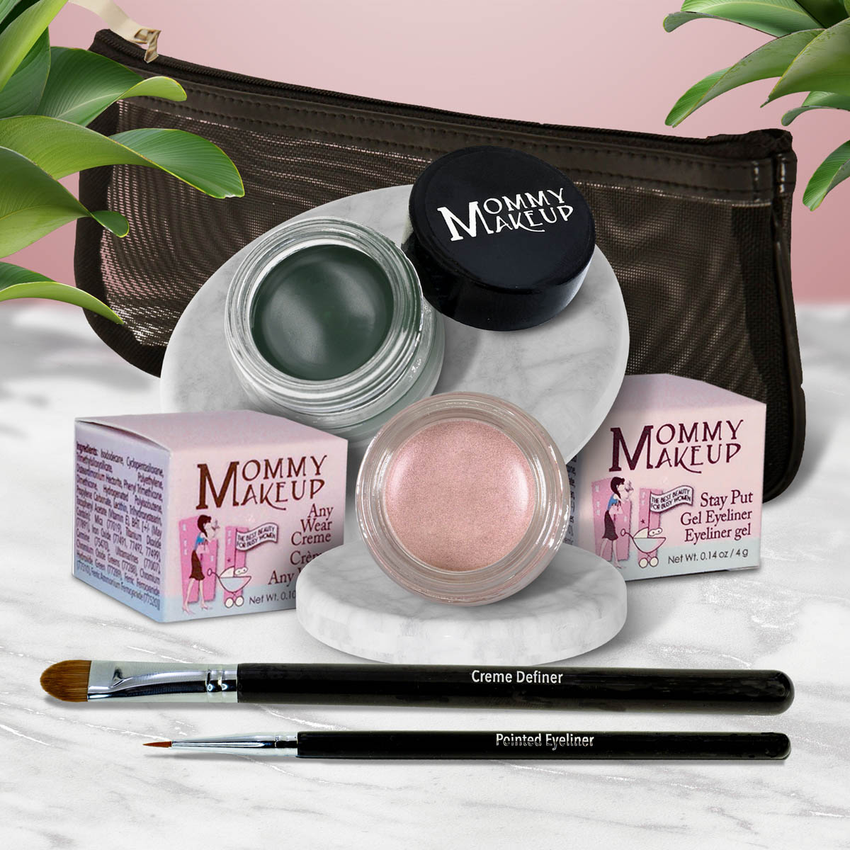 Waterproof eye makeup set with green gel liner, rose shimmer eyeshadow, and eyeliner brush