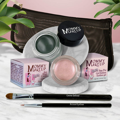 Waterproof eye makeup set with green gel liner, rose shimmer eyeshadow, and eyeliner brush