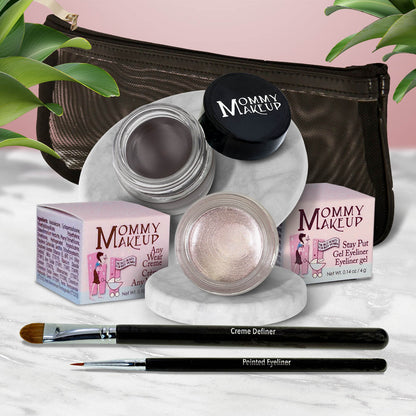 Waterproof eye makeup set with smoky gray gel liner, pale shimmer eyeshadow, and eyeliner brush