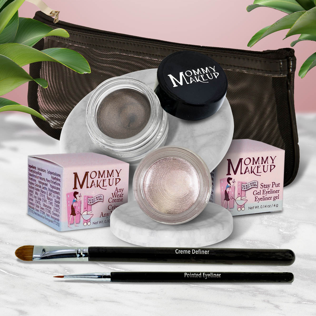 Waterproof eye makeup set with gray gel liner, pale rose shimmer eyeshadow, and eyeliner brush