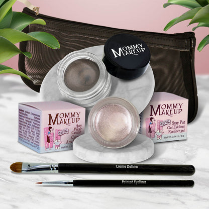 Waterproof eye makeup set with gray gel liner, pale rose shimmer eyeshadow, and eyeliner brush