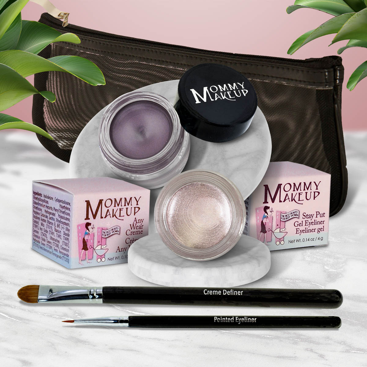 Waterproof eye makeup set with lilac gel liner, pale shimmer eyeshadow, and eyeliner brush