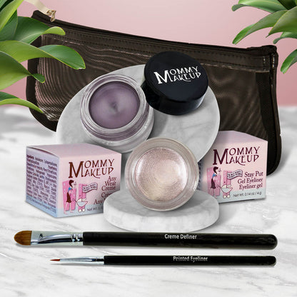 Waterproof eye makeup set with lilac gel liner, pale shimmer eyeshadow, and eyeliner brush