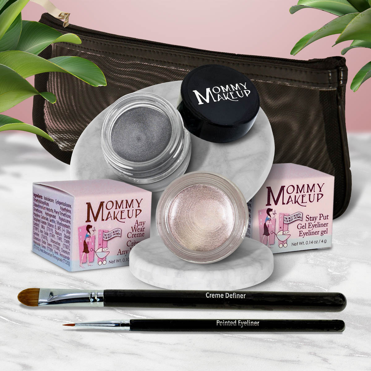 Waterproof eye makeup set with steel gray gel liner, pale shimmer eyeshadow, and eyeliner brush