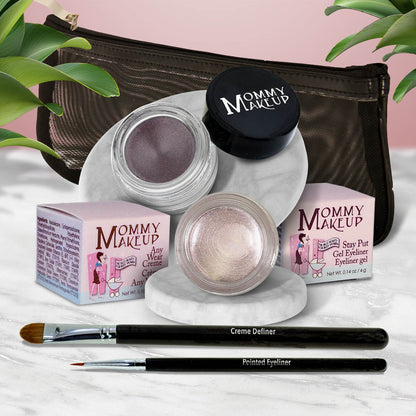 Waterproof eye makeup set with mauve gel liner, pale shimmer eyeshadow, and eyeliner brush