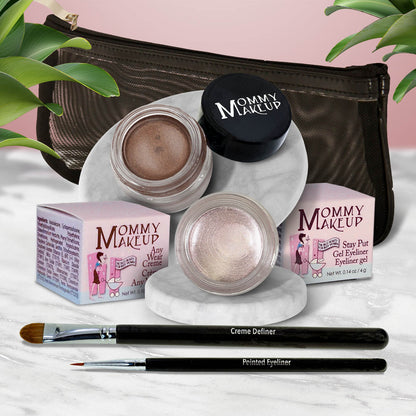 Waterproof eye makeup set with brown gel liner, pale shimmer rose eyeshadow, and eyeliner brush