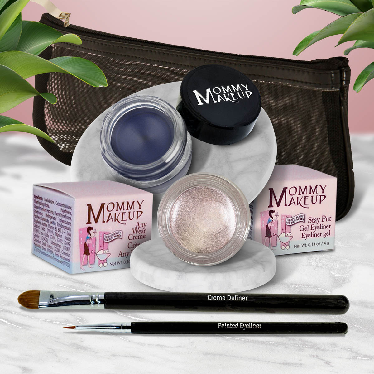 Waterproof eye makeup set with navy gel liner, pale shimmer eyeshadow, and eyeliner brush