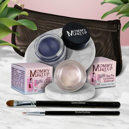 Waterproof eye makeup set with navy gel liner, pale shimmer eyeshadow, and eyeliner brush