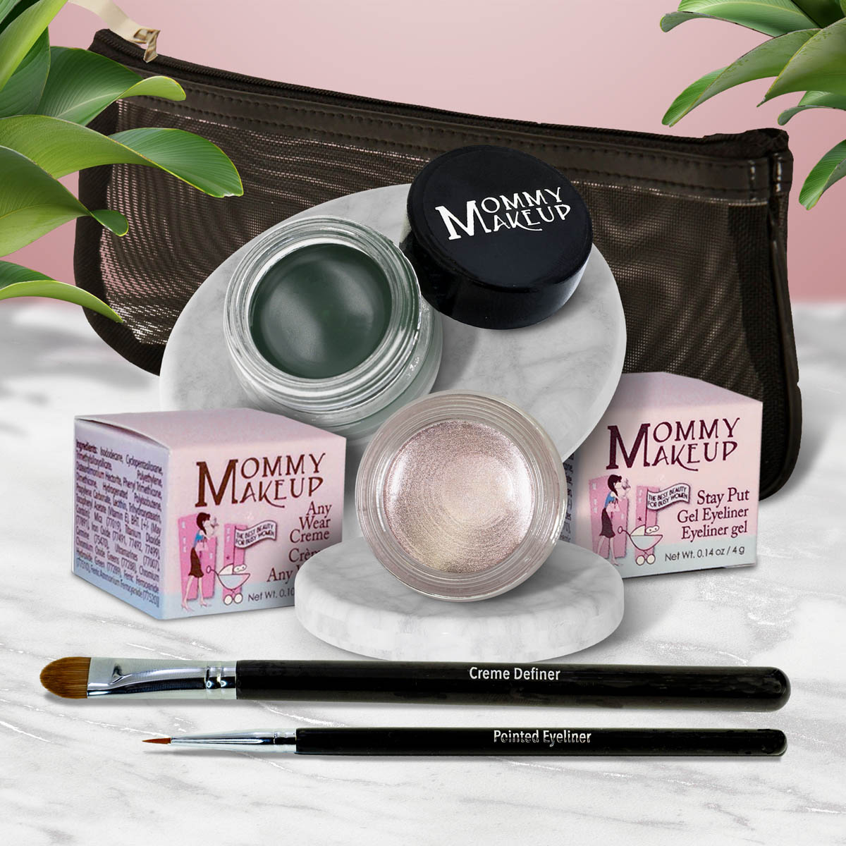 Waterproof eye makeup set with green gel liner, pale rose shimmer eyeshadow, and eyeliner brush