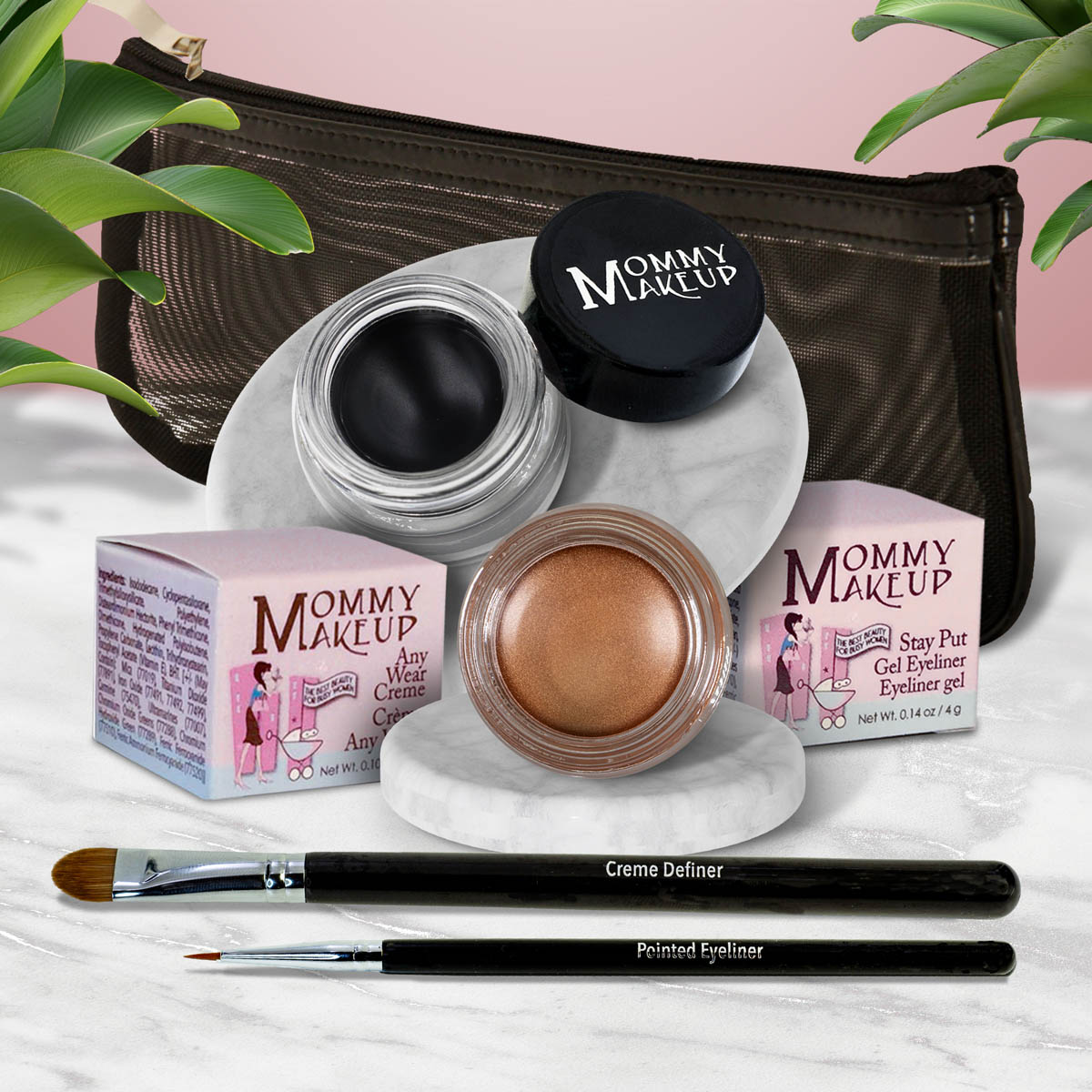 Waterproof eye makeup set with black gel liner, bronze cream, and two eye pencils