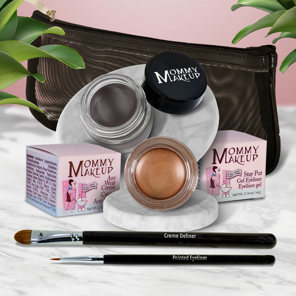Waterproof eye makeup set with gray gel liner, bronze cream, and two eye pencils