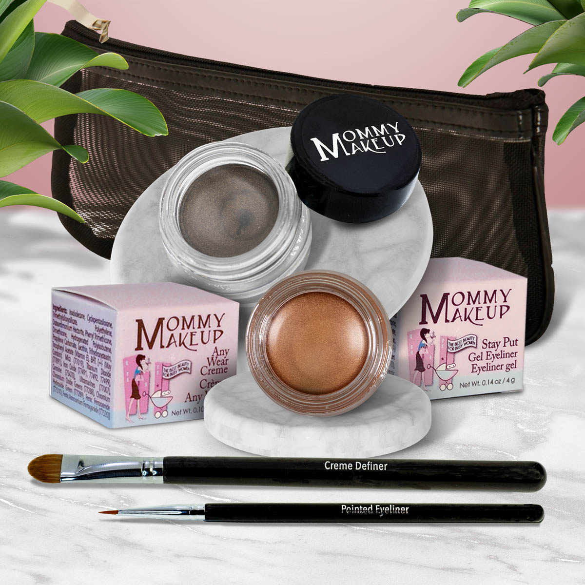Waterproof eye makeup set with taupe gel liner, bronze cream, and two eye pencils