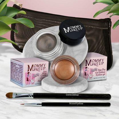 Waterproof eye makeup set with taupe gel liner, bronze cream, and two eye pencils