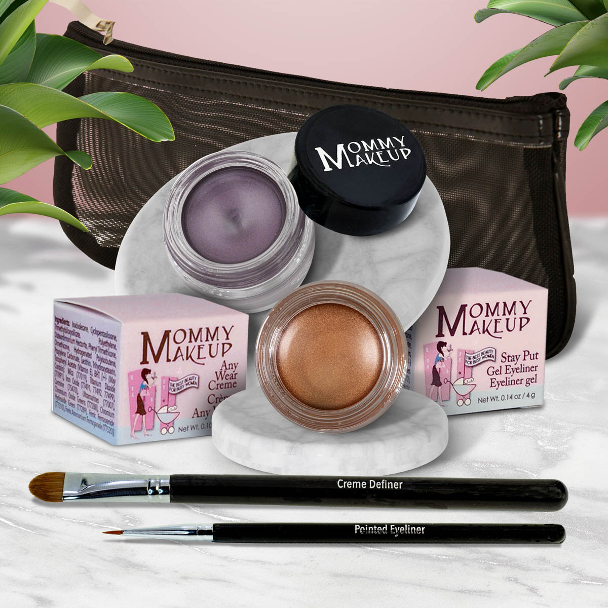 Waterproof eye makeup set with lilac gel liner, bronze cream, and two eye pencils