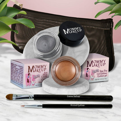 Waterproof eye makeup set with silver-gray gel liner, bronze cream, and two eye pencils