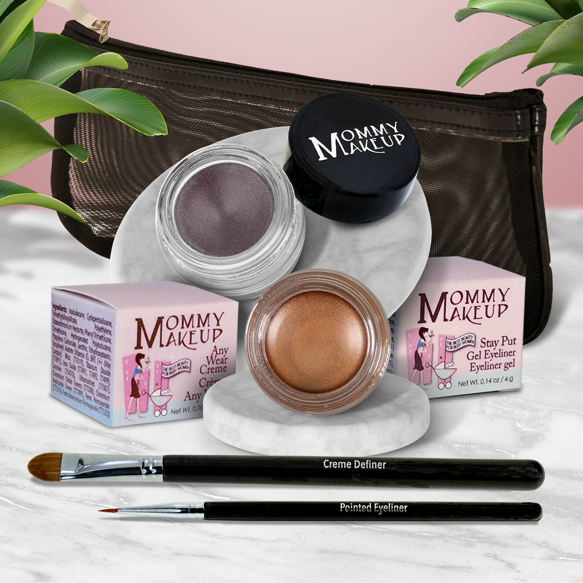 Waterproof eye makeup set with purple gel liner, bronze cream, and two eye pencils