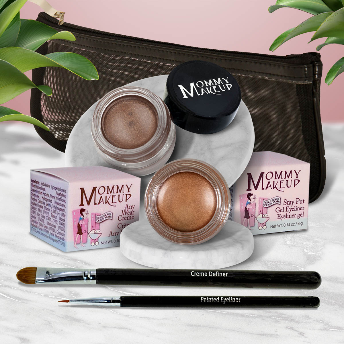 Waterproof eye makeup set with brown gel liner, bronze cream, and two eye pencils