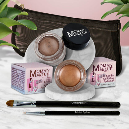 Waterproof eye makeup set with brown gel liner, bronze cream, and two eye pencils