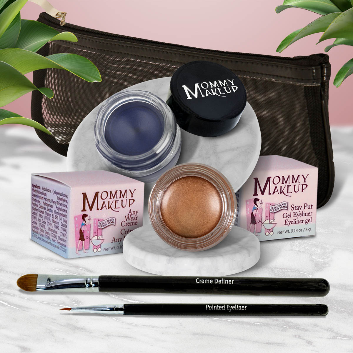 Waterproof eye makeup set with blue gel liner, bronze cream, and two eye pencils