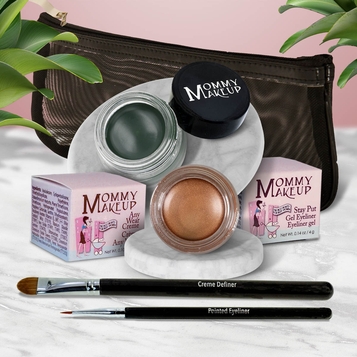 Waterproof eye makeup set with green gel liner, bronze cream, and two eye pencils