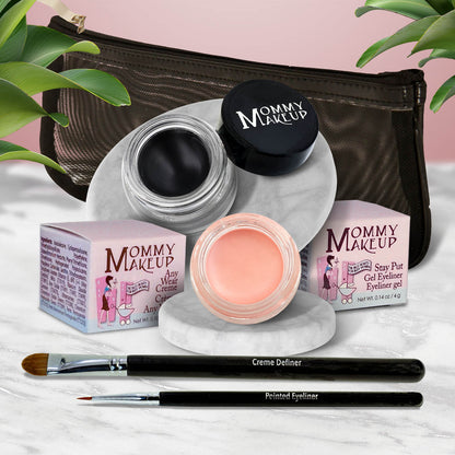 Waterproof eye makeup set with peach gel liner, bronze cream, and two eye pencils