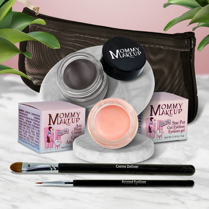 Waterproof eye makeup set with dark gray and peach gel pots, eyeliner brushes, zip pouch