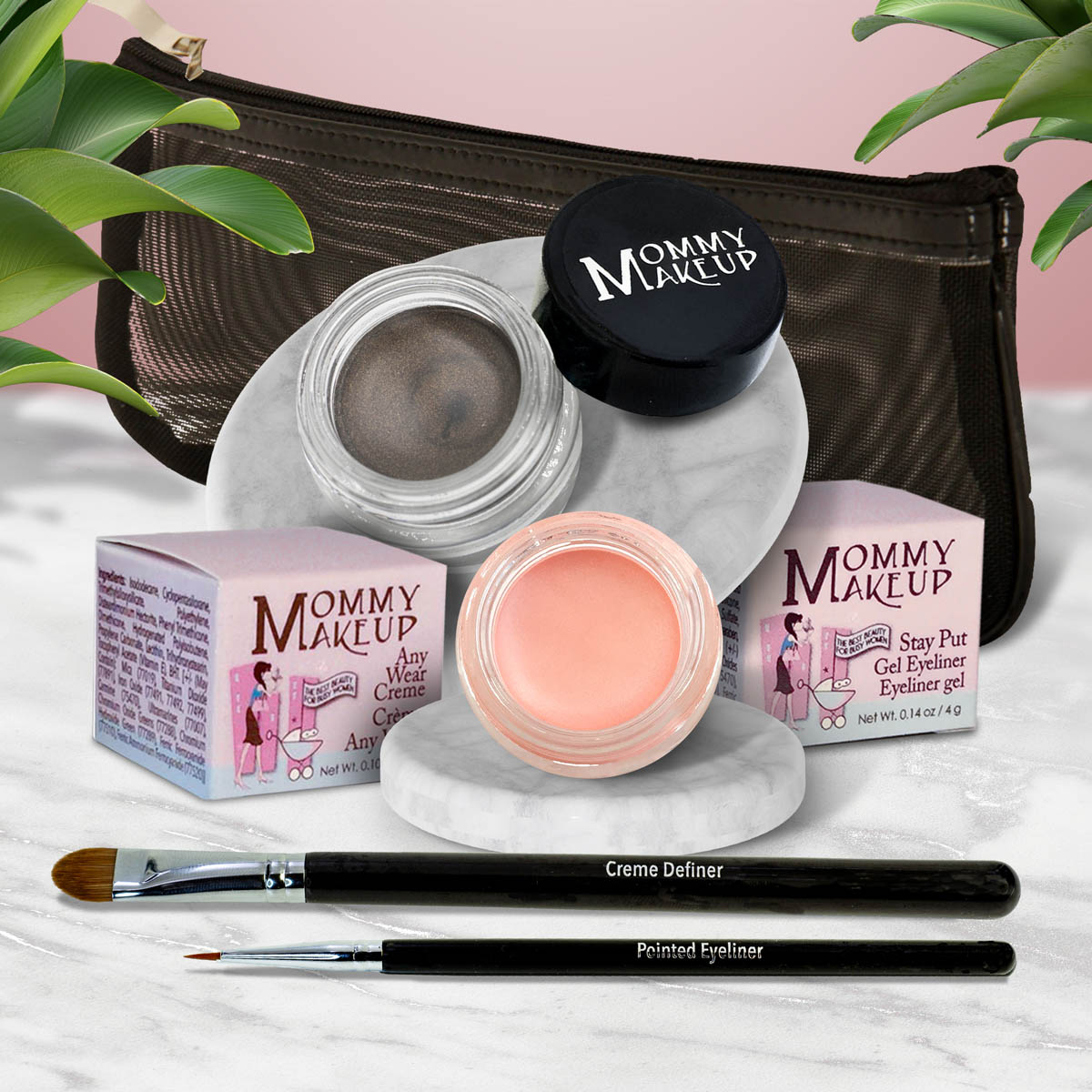 Waterproof eye makeup set with gray gel pot and peach gel pot, eyeliner brushes, zip pouch