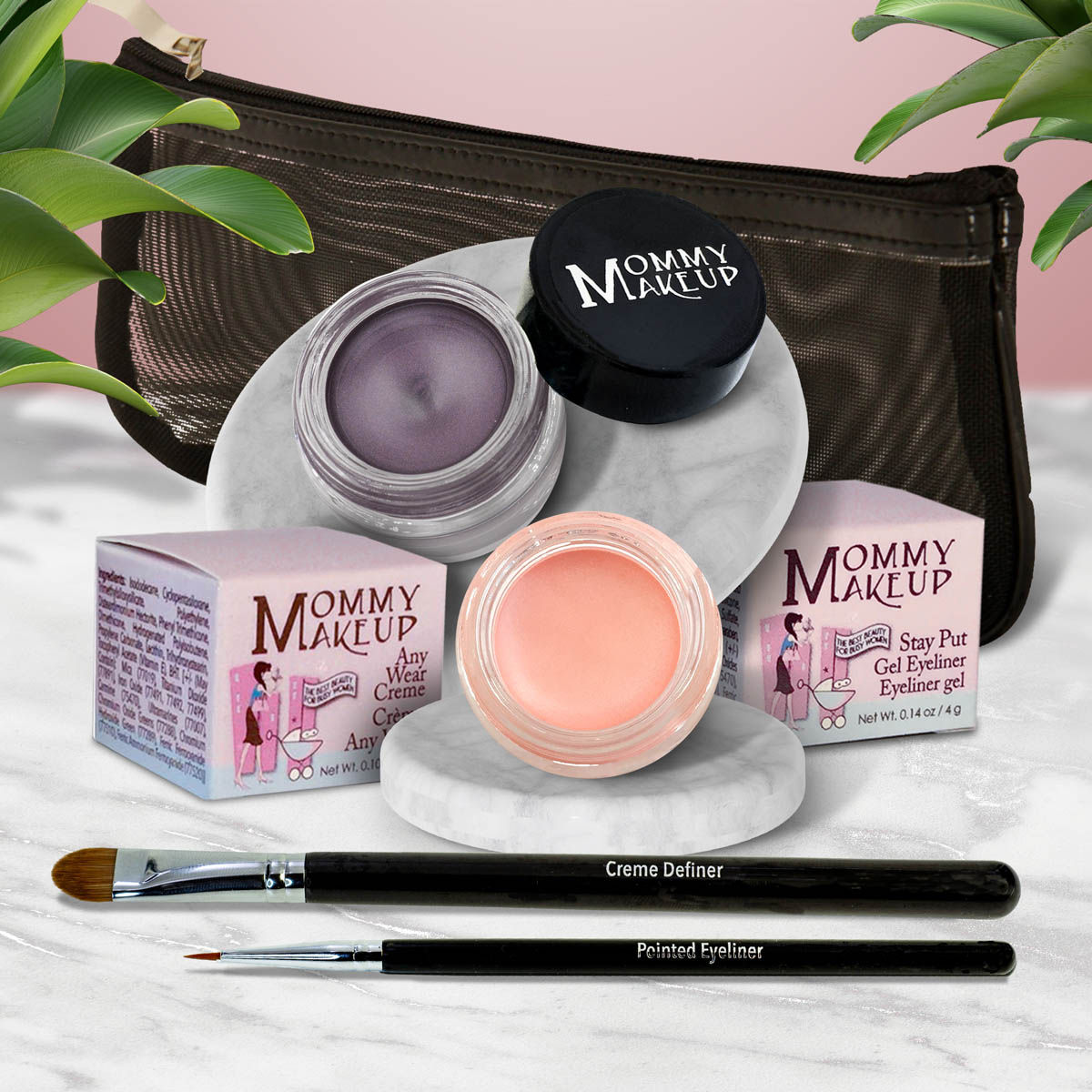 Waterproof eye makeup set with purple gel pot and peach gel pot, eyeliner brushes, zip pouch