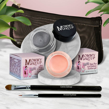 Waterproof eye makeup set with silver-gray gel pot and peach gel pot, eyeliner brushes, zip pouch