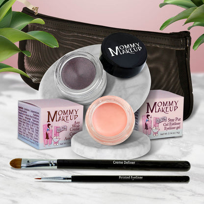 Waterproof eye makeup set with lavender gel pot and peach gel pot, eyeliner brushes, zip pouch
