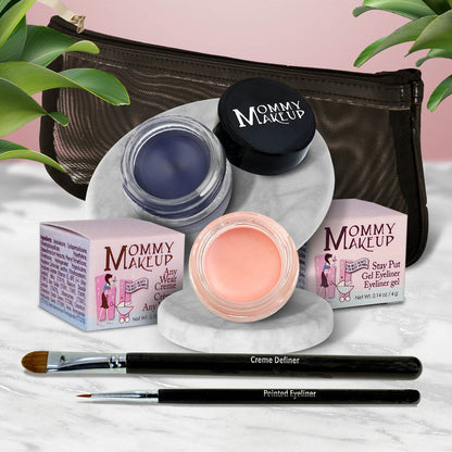 Waterproof eye makeup set with navy gel pot and peach gel pot, eyeliner brushes, zip pouch