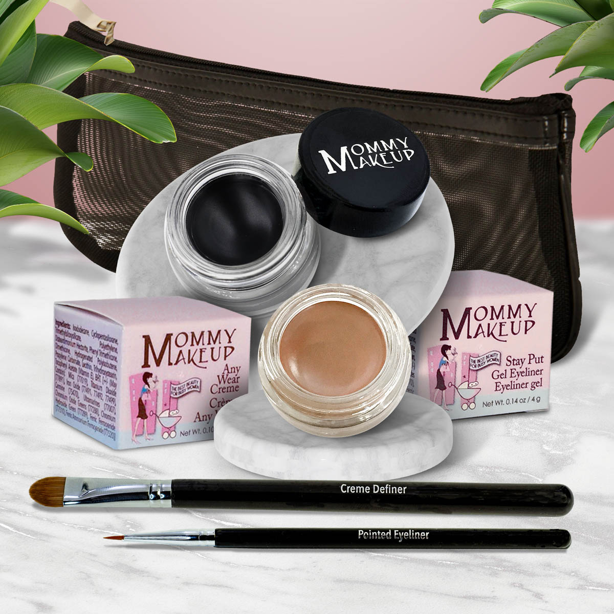 Waterproof eye makeup set with black gel pot and nude beige gel pot, eyeliner brushes, zip pouch