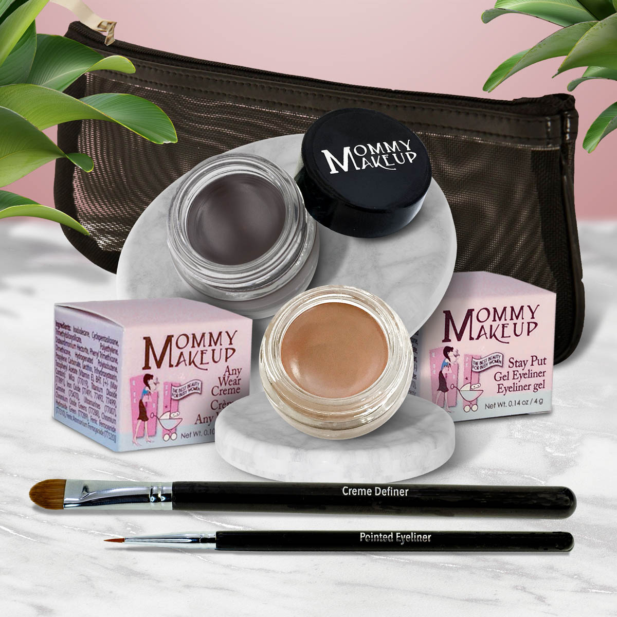 Waterproof eye makeup set with dark gray gel pot and nude beige gel pot, eyeliner brushes, zip pouch