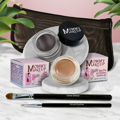 Waterproof eye makeup set with dark gray gel pot and nude beige gel pot, eyeliner brushes, zip pouch