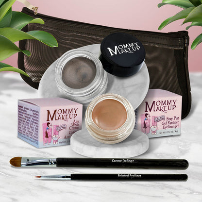Waterproof eye makeup set with charcoal gel, skin-toned cream, two brushes, and pouch.