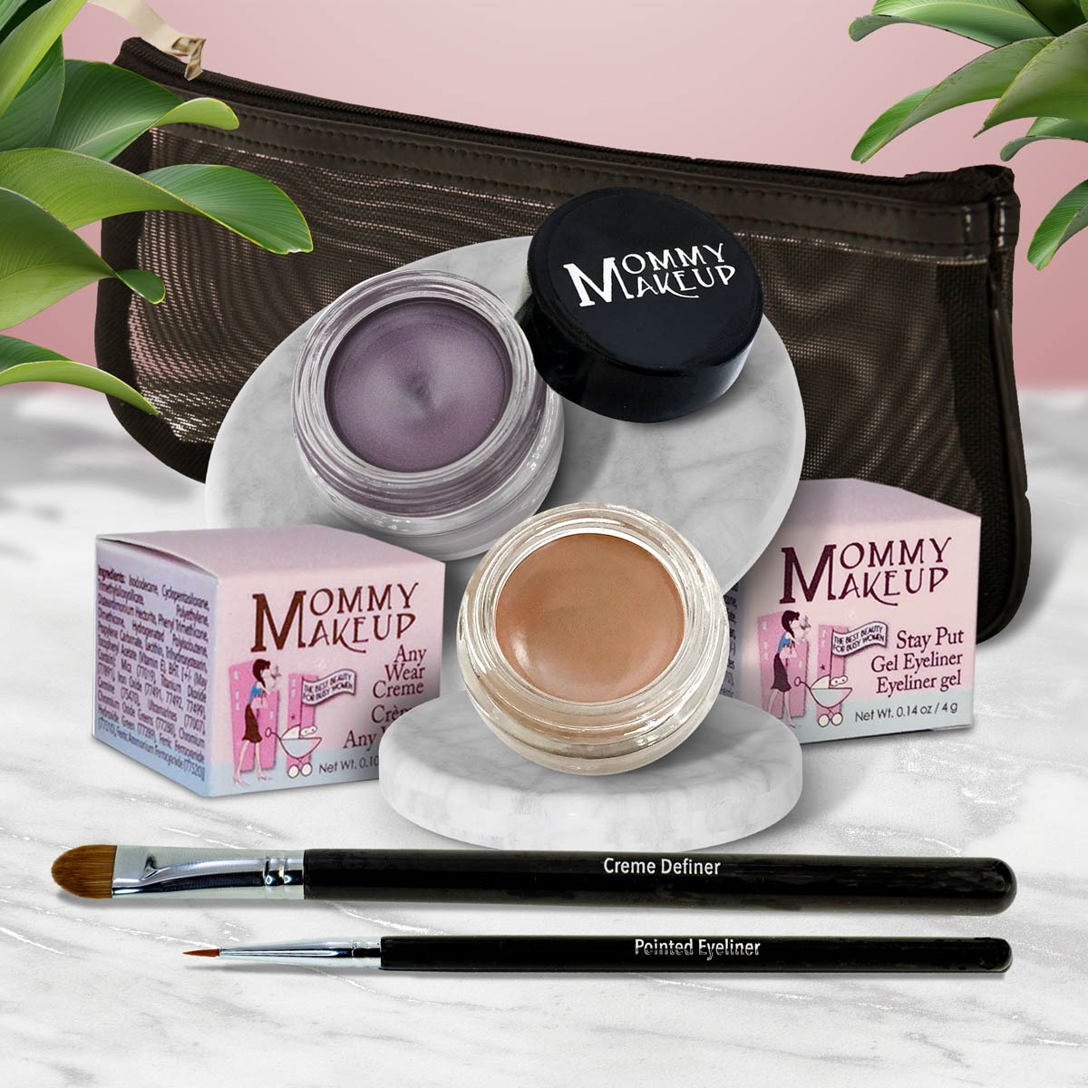 Waterproof eye makeup set with lavender gel, skin-toned cream, two brushes, and pouch.