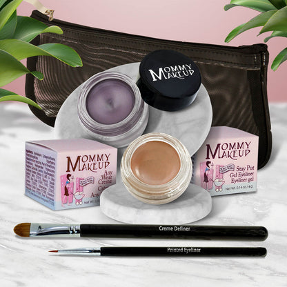 Waterproof eye makeup set with lavender gel, skin-toned cream, two brushes, and pouch.