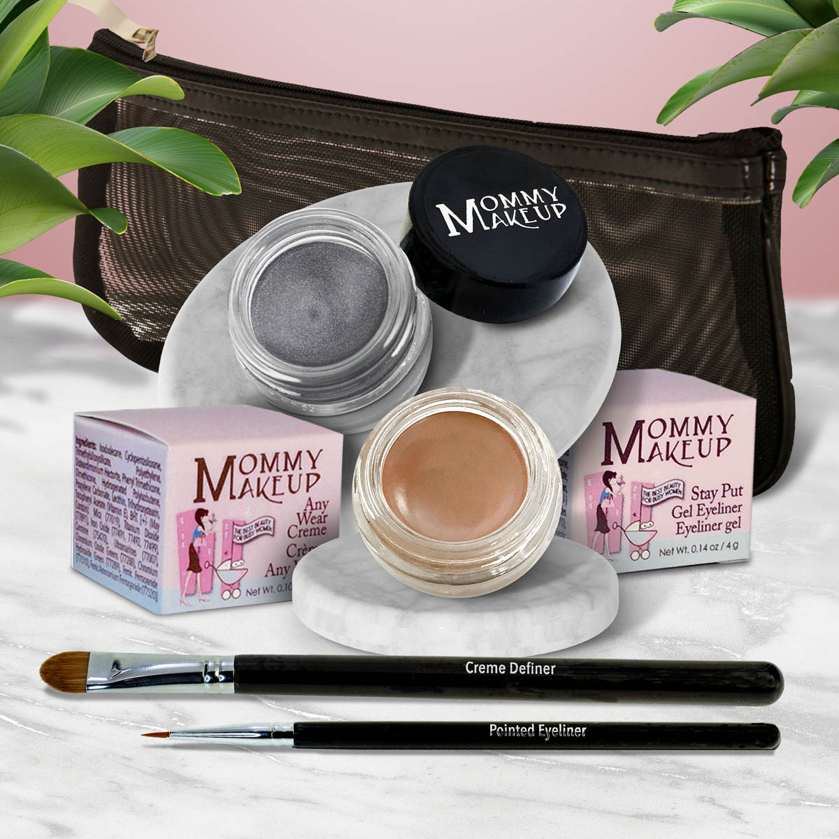 Waterproof eye makeup set with metallic gray gel, skin-toned cream, two brushes, and pouch.